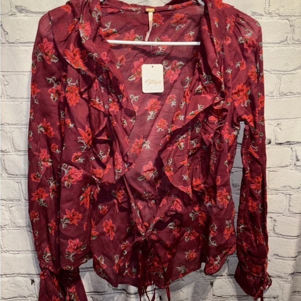 Free People Top Amanda Cotton Ruffled Wrap Sultry Combo Floral Blouse Sz XS NWT - Picture 5 of 8